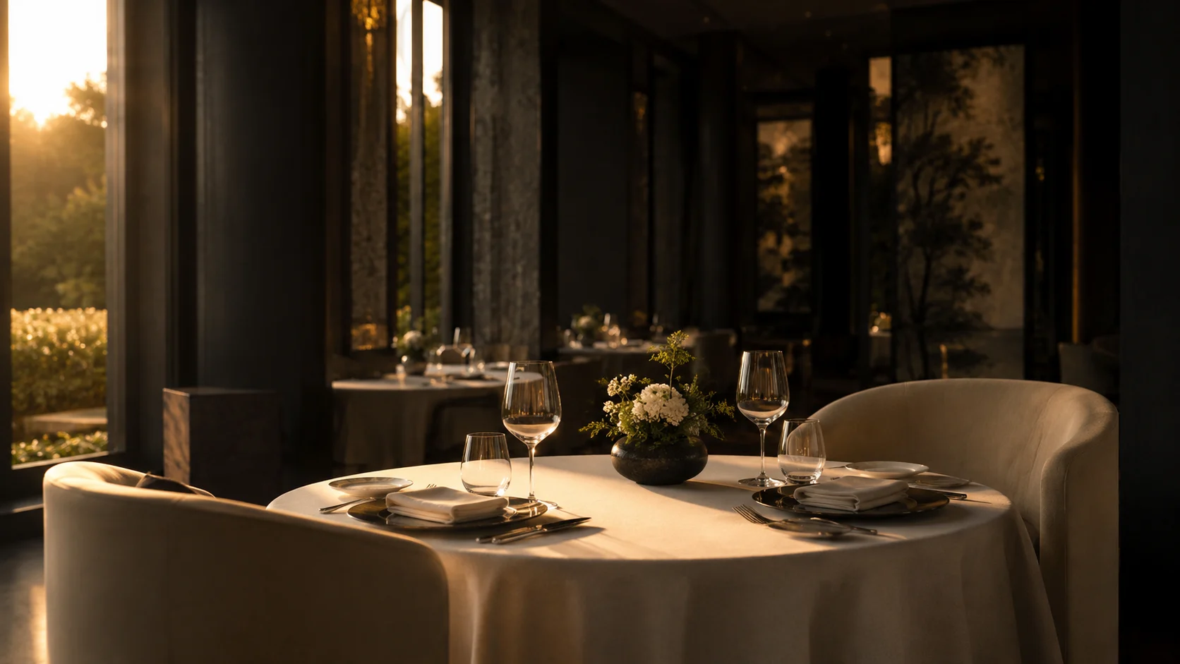 A fine-dining table set for two in an empty dining room at golden hour, crystal and silver catching the light.